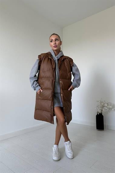 Toptan Kahverengi Deri Şişme Yelek