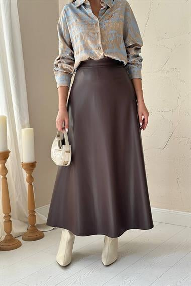 Toptan Kahverengi Deri Uzun Etek