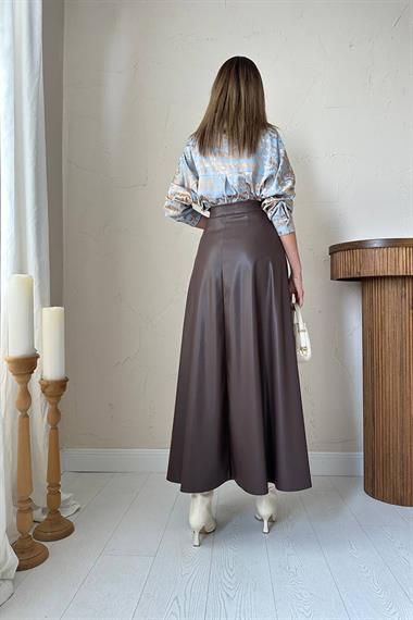Toptan Kahverengi Deri Uzun Etek