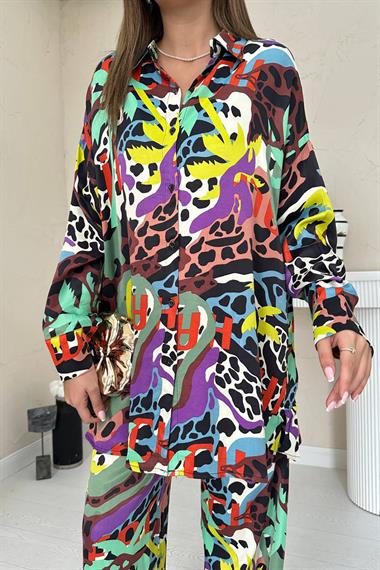 Toptan Kahverengi Dijital Desenli Gömlek ve Pantolon Takım