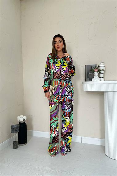 Toptan Kahverengi Dijital Desenli Gömlek ve Pantolon Takım