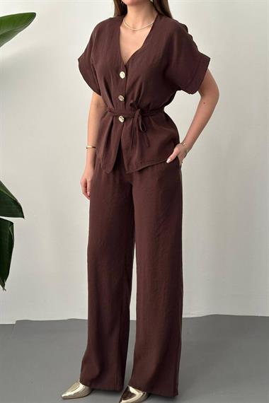 Toptan Kahverengi Düğme Detaylı İkili Modal Takım