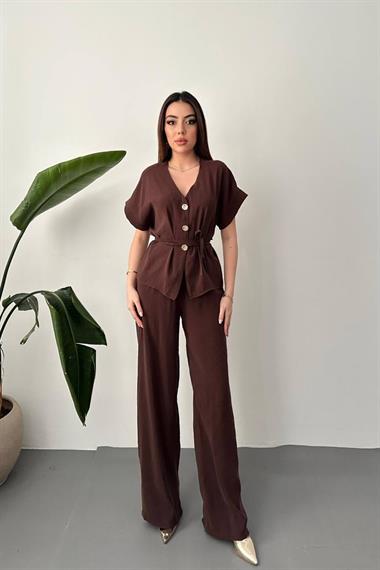 Toptan Kahverengi Düğme Detaylı İkili Modal Takım