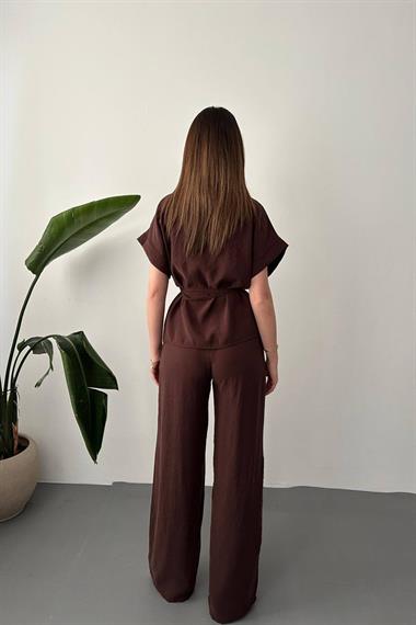 Toptan Kahverengi Düğme Detaylı İkili Modal Takım