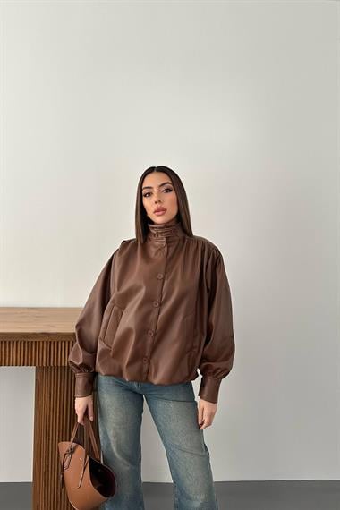 Toptan Kahverengi Düğmeli Deri Ceket