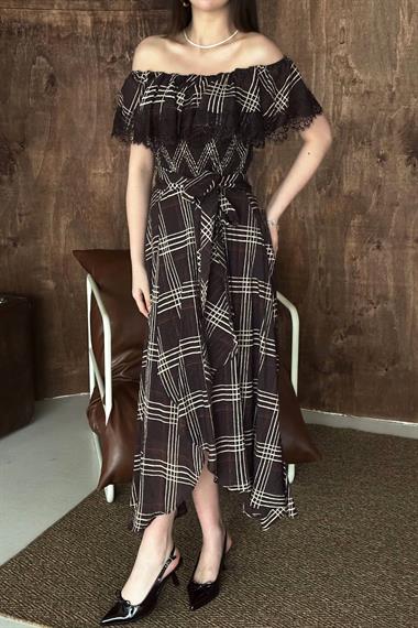 Toptan Kahverengi Ekoseli Dantelli Elbise