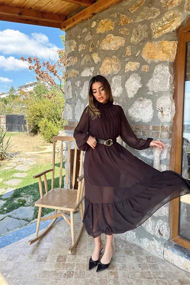 Toptan Kahverengi Eteği Fırfırlı Şifon Elbise