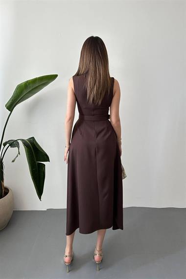 Toptan Kahverengi Etek Ucu Asimetrik Atlas Elbise