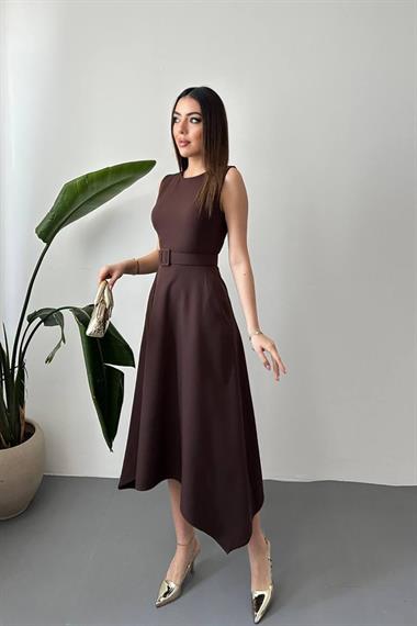 Toptan Kahverengi Etek Ucu Asimetrik Atlas Elbise