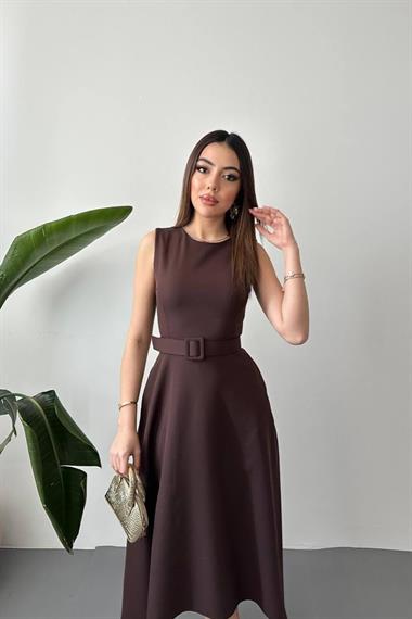 Toptan Kahverengi Etek Ucu Asimetrik Atlas Elbise
