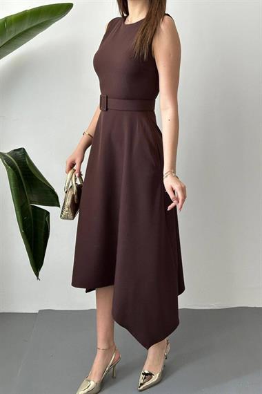 Toptan Kahverengi Etek Ucu Asimetrik Atlas Elbise
