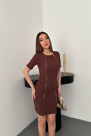 Toptan Kahverengi Fermuarlı Ottoman Elbise