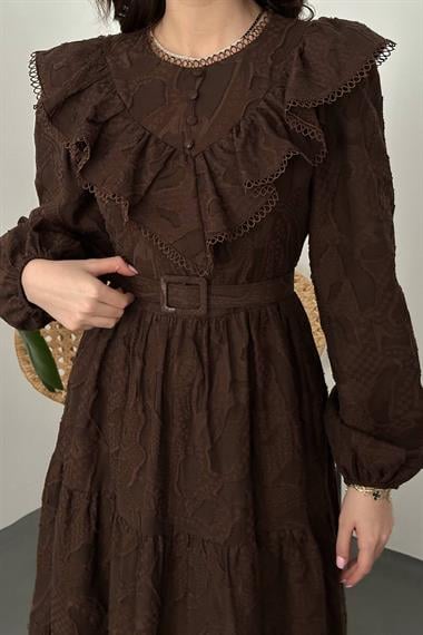 Toptan Kahverengi Fırfırlı Brodeli Elbise