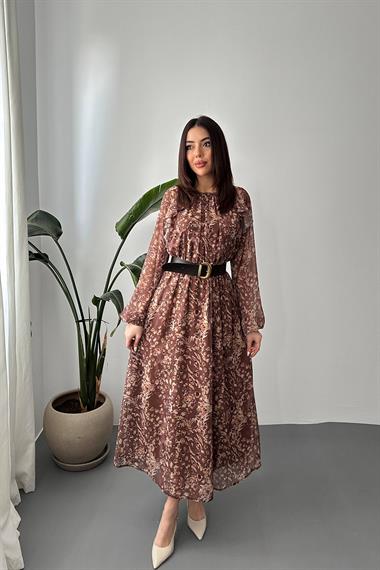 Toptan Kahverengi Fırfırlı Şifon Elbise