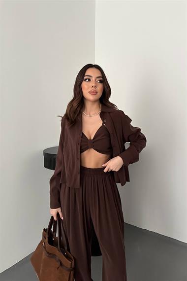 Toptan Kahverengi Gipe Detaylı Üçlü Takım