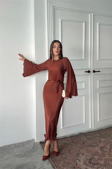 Toptan Kahverengi İspanyol Kol Piliseli Elbise
