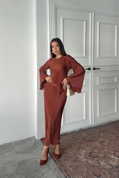 Toptan Kahverengi İspanyol Kol Piliseli Elbise