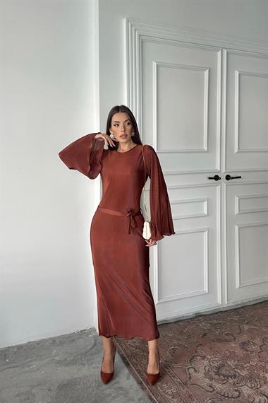 Toptan Kahverengi İspanyol Kol Piliseli Elbise