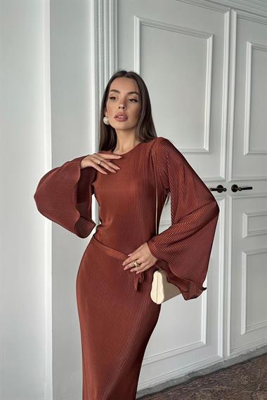 Toptan Kahverengi İspanyol Kol Piliseli Elbise