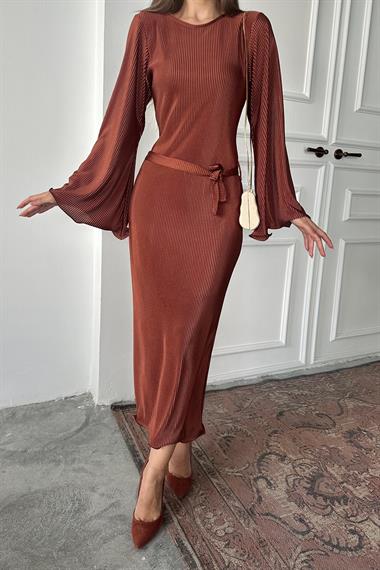 Toptan Kahverengi İspanyol Kol Piliseli Elbise