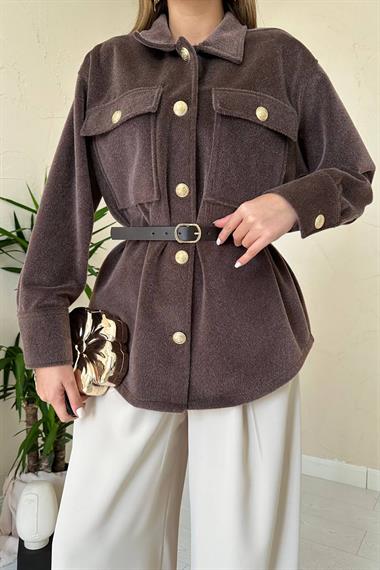 Toptan Kahverengi Kaşe Gold Düğmeli Gömlek