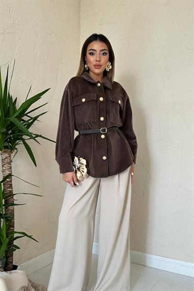 Toptan Kahverengi Kaşe Gold Düğmeli Gömlek