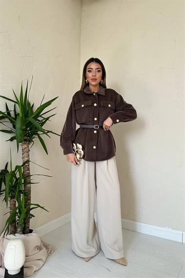 Toptan Kahverengi Kaşe Gold Düğmeli Gömlek