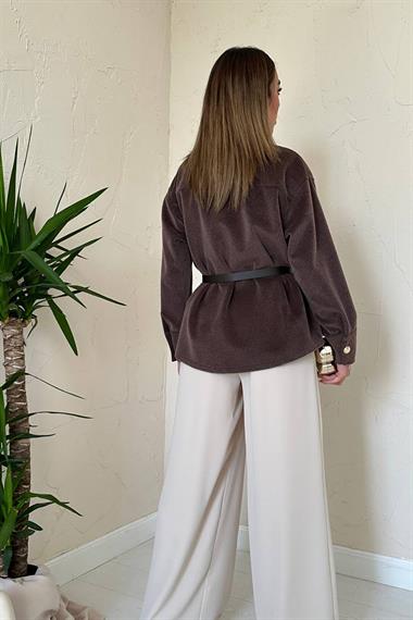 Toptan Kahverengi Kaşe Gold Düğmeli Gömlek