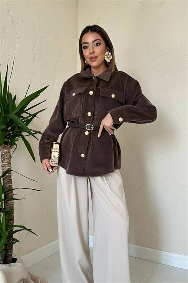 Toptan Kahverengi Kaşe Gold Düğmeli Gömlek