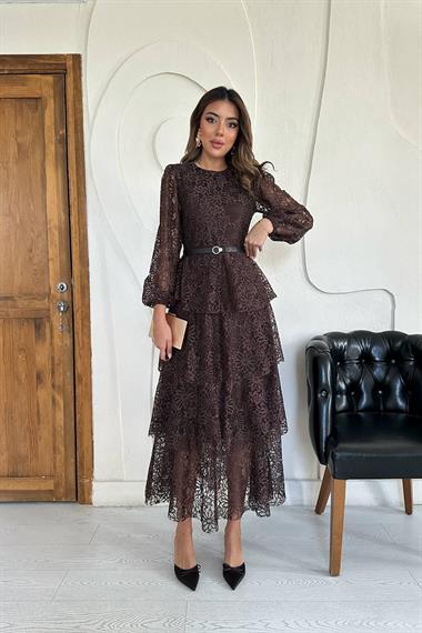 Toptan Kahverengi Kat Kat Dantelli Elbise