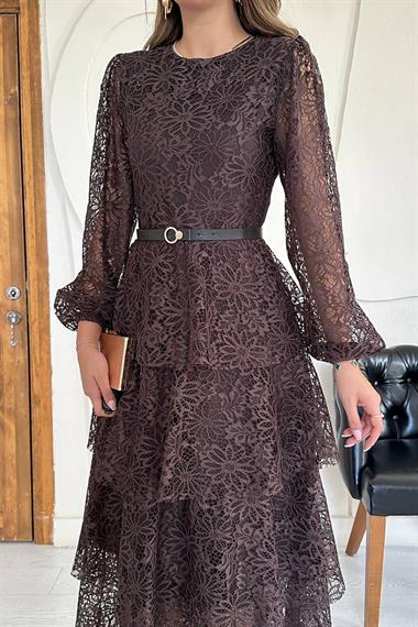 Toptan Kahverengi Kat Kat Dantelli Elbise