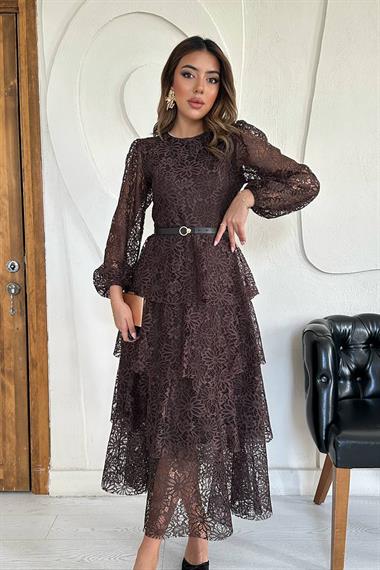 Toptan Kahverengi Kat Kat Dantelli Elbise