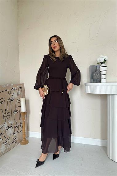 Toptan Kahverengi Kat Kat Şifon Elbise