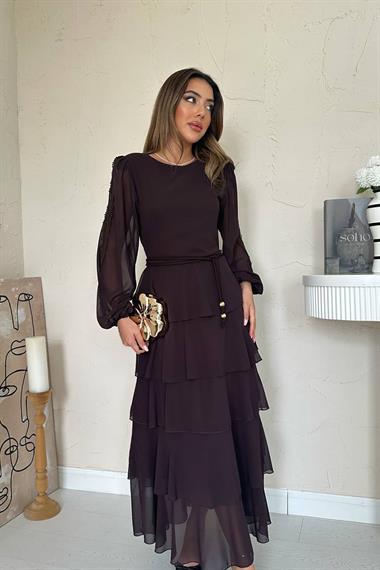 Toptan Kahverengi Kat Kat Şifon Elbise