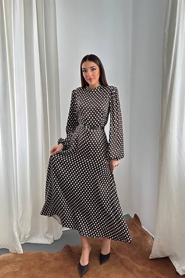 Toptan Kahverengi Kemer Detaylı Puantiyeli Elbise