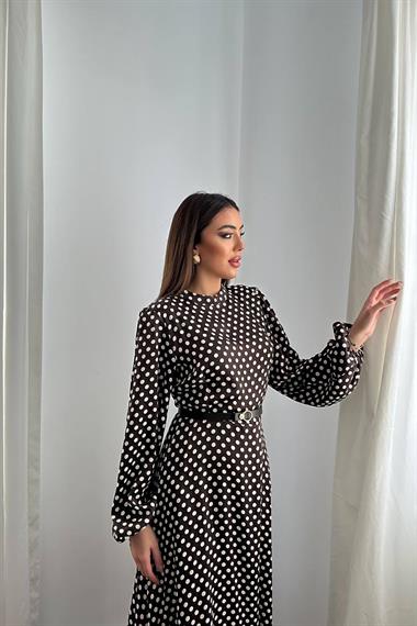 Toptan Kahverengi Kemer Detaylı Puantiyeli Elbise