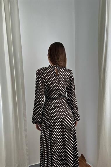 Toptan Kahverengi Kemer Detaylı Puantiyeli Elbise