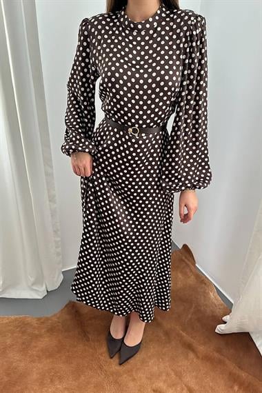 Toptan Kahverengi Kemer Detaylı Puantiyeli Elbise