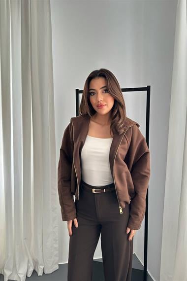 Toptan Kahverengi Kısa Kapüşonlu Ceket