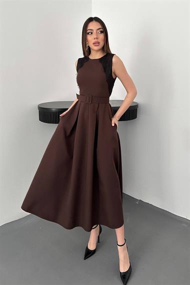 Toptan Kahverengi Kolevi Dantelli Elbise