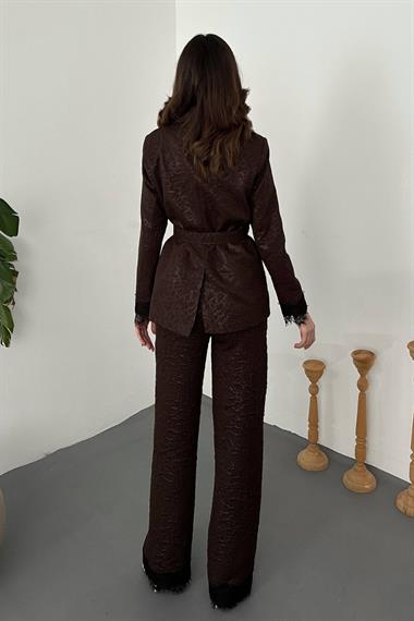 Toptan Kahverengi Kolları Dantelli Takım