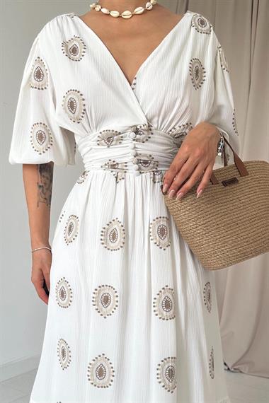 Toptan Kahverengi Korsajlı Balon Kol Elbise