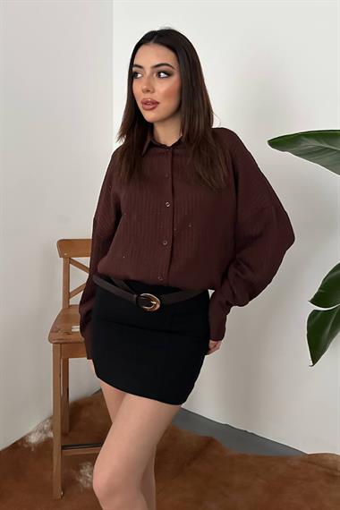 Toptan Kahverengi Nakışlı Oversize Gömlek