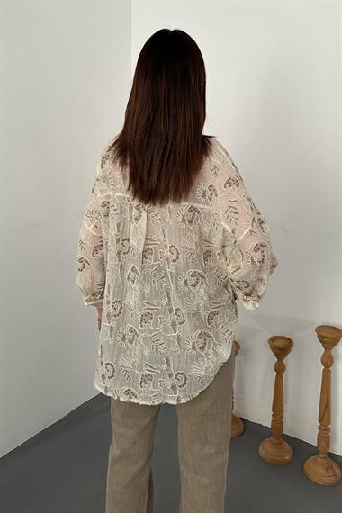 Toptan Kahverengi Nakışlı Oversize Gömlek