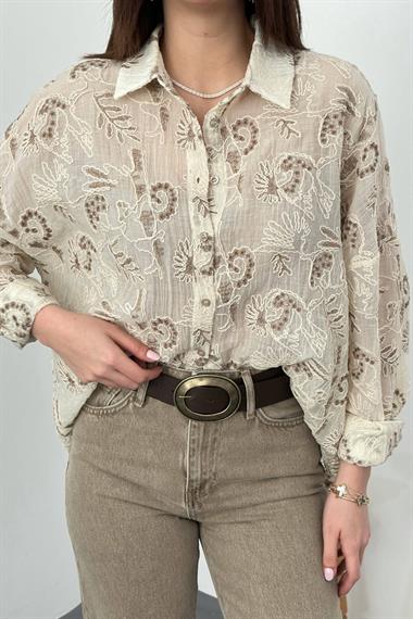 Toptan Kahverengi Nakışlı Oversize Gömlek