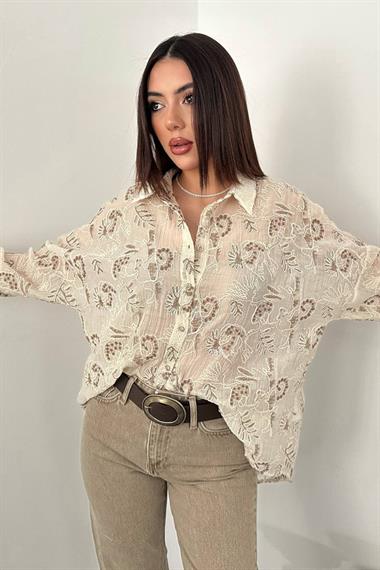 Toptan Kahverengi Nakışlı Oversize Gömlek