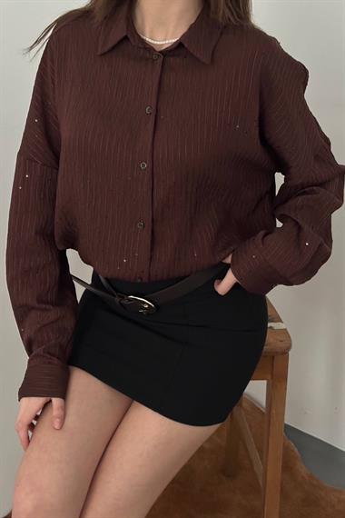 Toptan Kahverengi Nakışlı Oversize Gömlek
