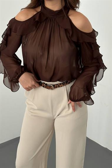 Toptan Kahverengi Omuzları Açık Bluz