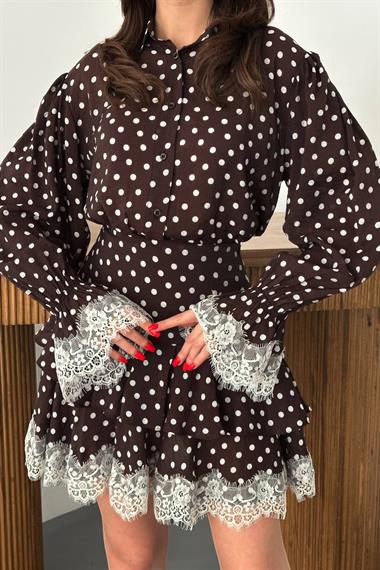 Toptan Kahverengi Puantiyeli Dantelli Takım