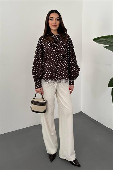 Toptan Kahverengi Puantiyeli Dantelli Gömlek